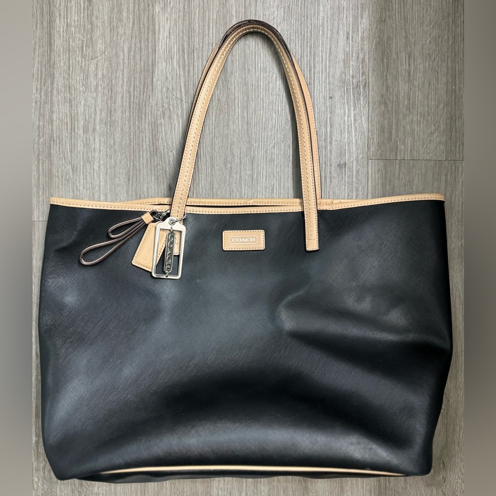 Coach Metro Saffiano Tote Bag, 18 3/4" (L) x 9 1/2" (H) x 6 1/4" (W), Black/Tan